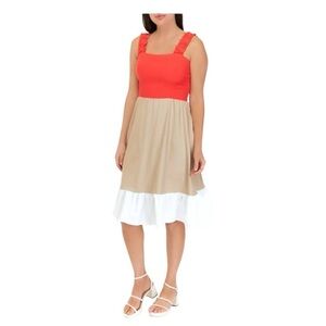 NWT! 52seven Color-Block Tiered Linen-Blend Coral Combo Midi Dress. Size Large.